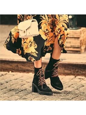 New NoBox Free People Dylan Black Suede Leather Lace Up Boots Chunky Heel 36 / 6